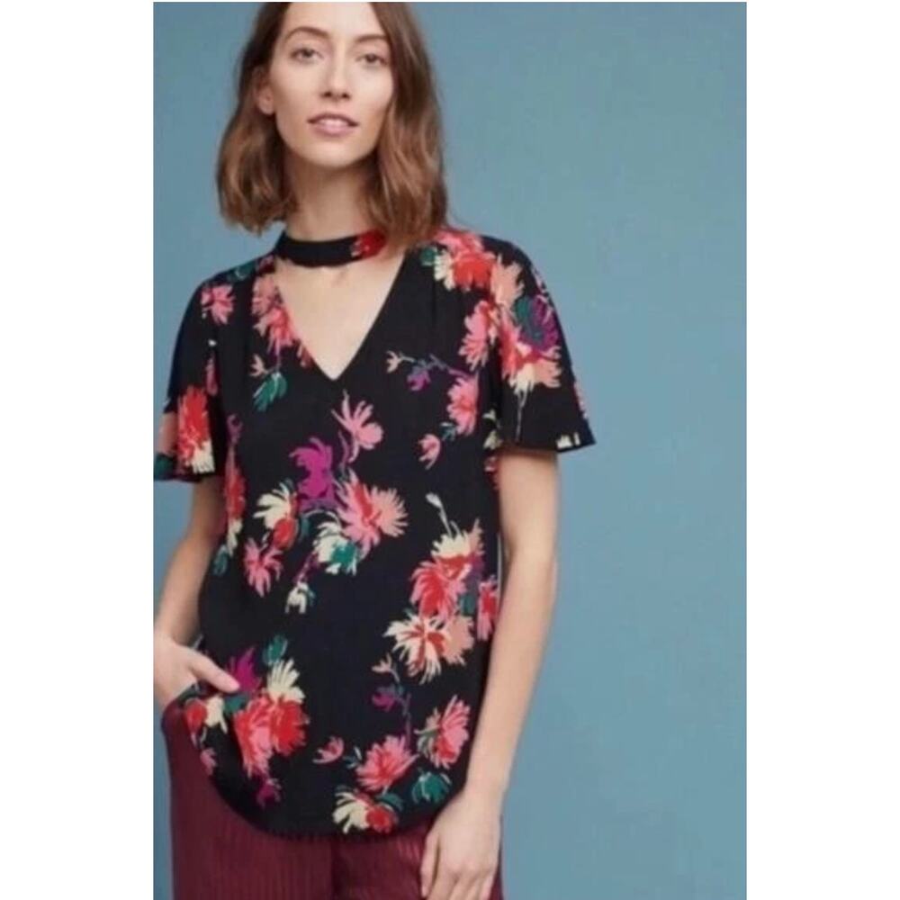 MAEVE Anthropologie Black Bella Floral Choker Flutter Sleeve Top Small EUC